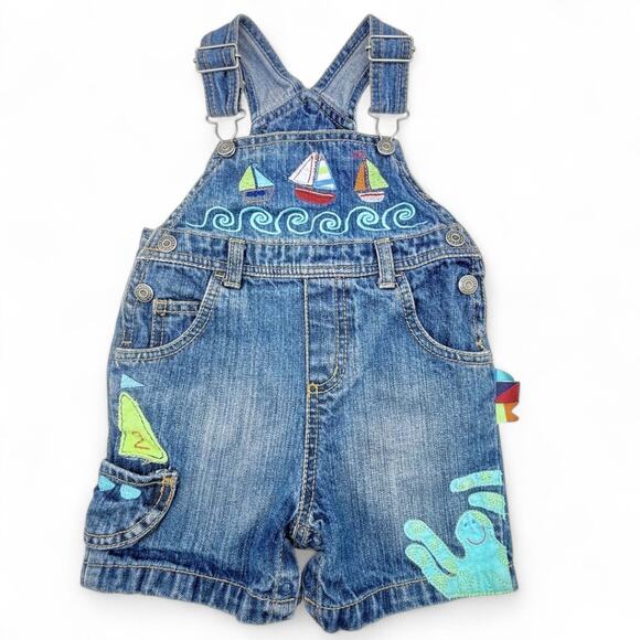Flapdoodles Other - Flapdoodles Shortall Overalls Baby 18M Nautical Embroidered Octopus Sailboat Y2K